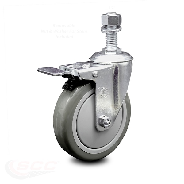 5 Inch Gray Polyurethane Wheel Swivel 1/2 Inch Stem Caster with Total Lock Brake